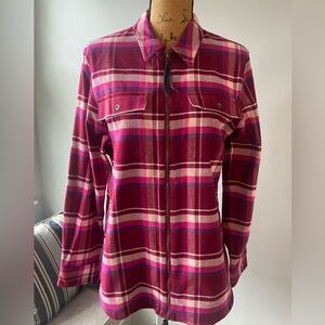 Chaps Sz L  Burgundy, Pink, & Cream Plaid Flannel Collared Zip Up Shirt/ Jacket